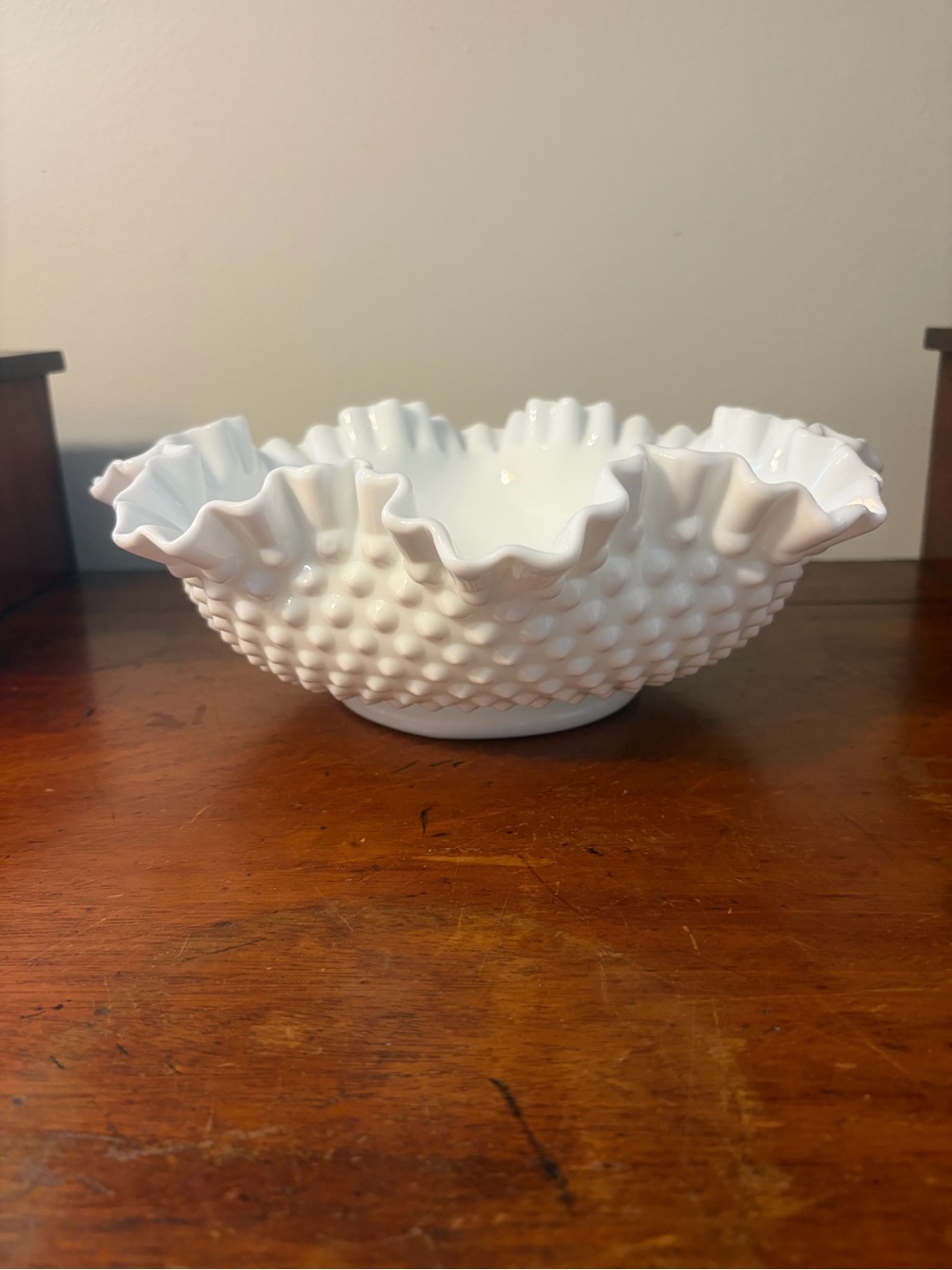 Vintage Fenton White Hobnail Ruffled Milk Glass Bowl coquette decor Cottagecore